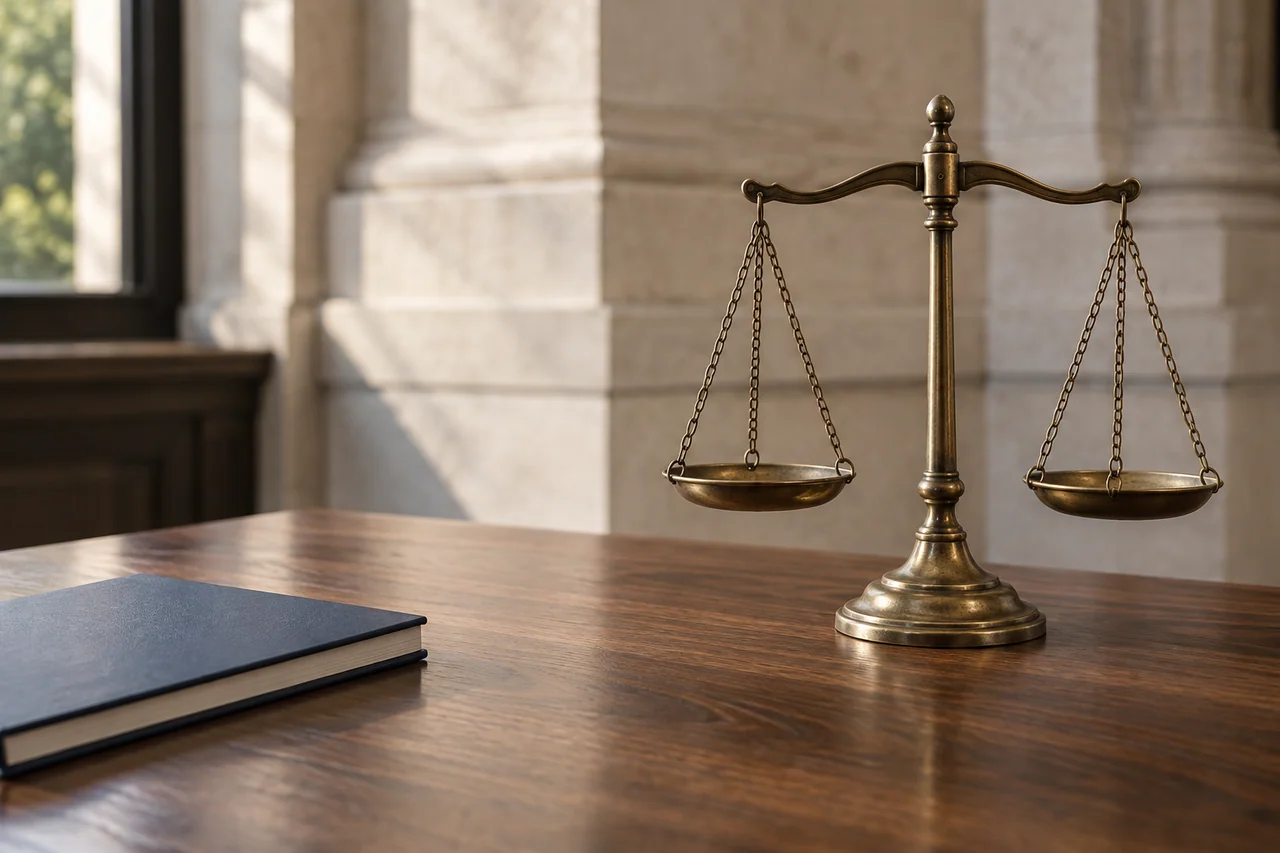 Balanza de justicia de bronce sobre un escritorio de madera, imagen ilustrativa del derecho penal